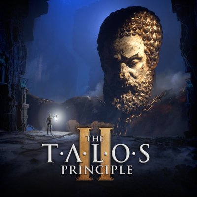 the talos principle 2 store art featuring machine holdinga white kitten in black background