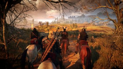 The Witcher 3: Wild Hunt-screenshot van een groep personages ter paard