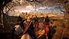 Skjermbilde fra The Witcher 3: Wild Hunt som viser en gruppe figurer til hest