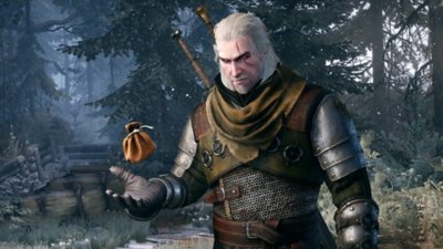 The Witcher 3: Wild Hunt-screenshot Geralt die een tasje vangt