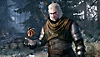 Captura de pantalla de The Witcher 3: Wild Hunt en la que se ve a Geralt sujetando una bolsa pequeña