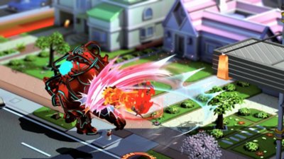 The Wonderful 101: Remastered スクリーンショット 町の郊外で大きく赤いロボットのような敵を攻撃するプレイヤー