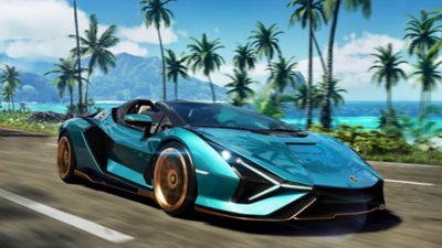 The Crew Motorfest screenshot showing an aquamarine Lamborghini racing along a palm tree-lined road.