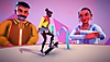 لقطة شاشة من لعبة Thirsty Suitors تعرض Jala وهى على لوح تزلج بينما يراقبها والديها العملاقين