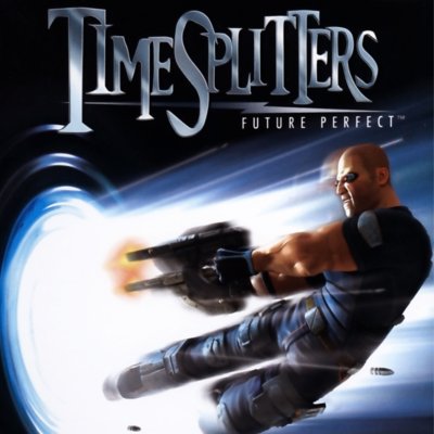 Arte promocional de TimeSplitters: Future Perfect con un personaje disparando dos armas mientras se aleja de una luz brillante.