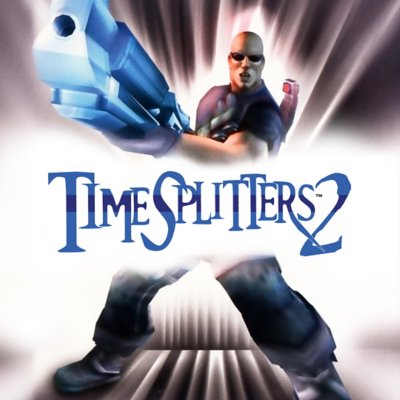 TimeSplitters 2 key art showing a bald character holding a massive gun.