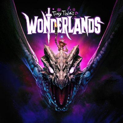 Tiny Tina's Wonderlands - Illustrazione di copertina che mostra Tiny Tina a cavallo di un drago gigante