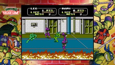 لقطة شاشة من لعبة Teenage Mutant Ninja Turtles: The Cowabunga Collection تعرض واجهة مستخدم بشكل الآركيد.