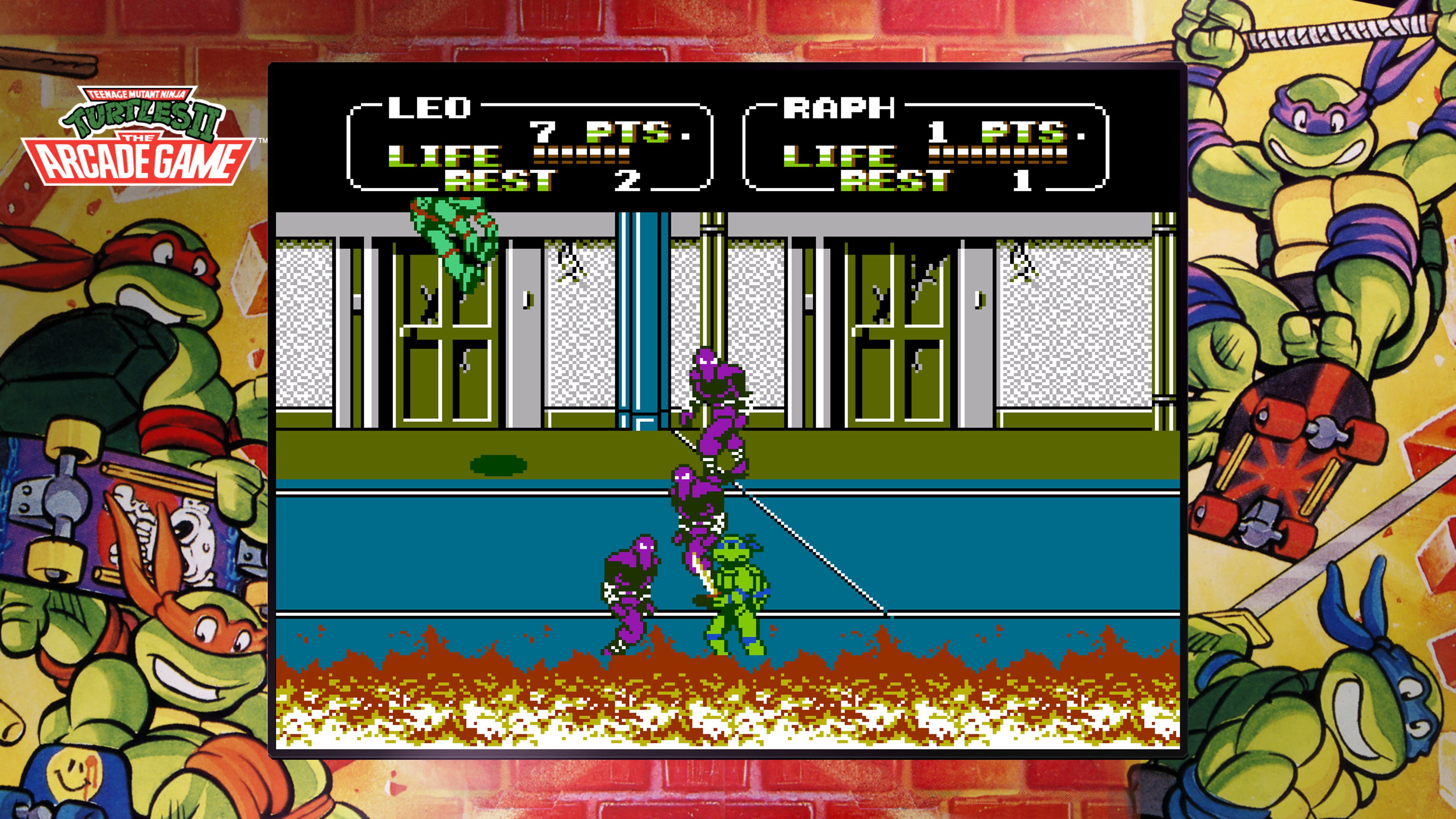 《Teenage Mutant Ninja Turtles Collection - The Arcade Game》螢幕截圖，呈現李奧納多與腳族大軍打鬥的景況