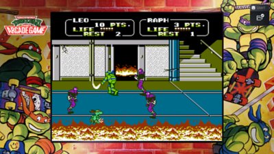Teenage Mutant Ninja Turtles Collection – The Arcade Game: captura de ecrã de Leonardo e Raphael a lutar contra o Foot Clan