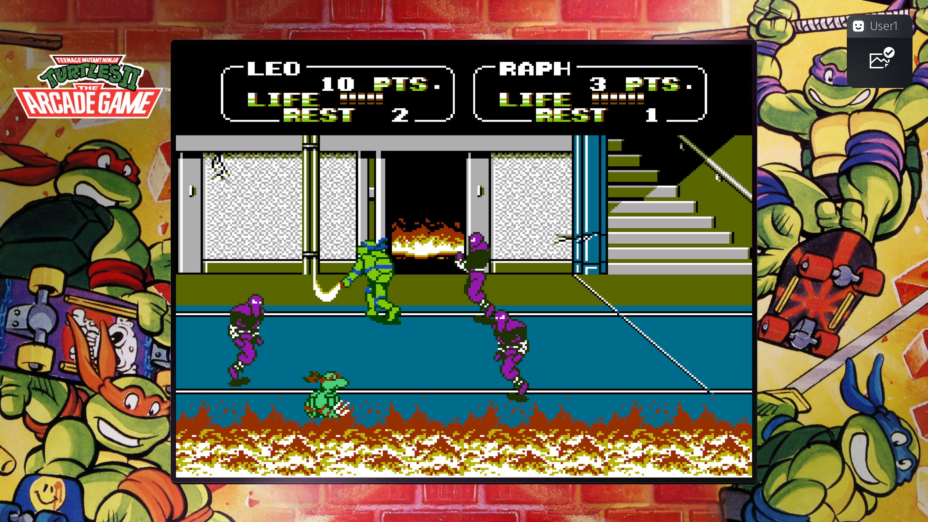 《Teenage Mutant Ninja Turtles Collection - The Arcade Game》螢幕截圖，呈現李奧納多和拉斐爾對抗腳族大軍的景況