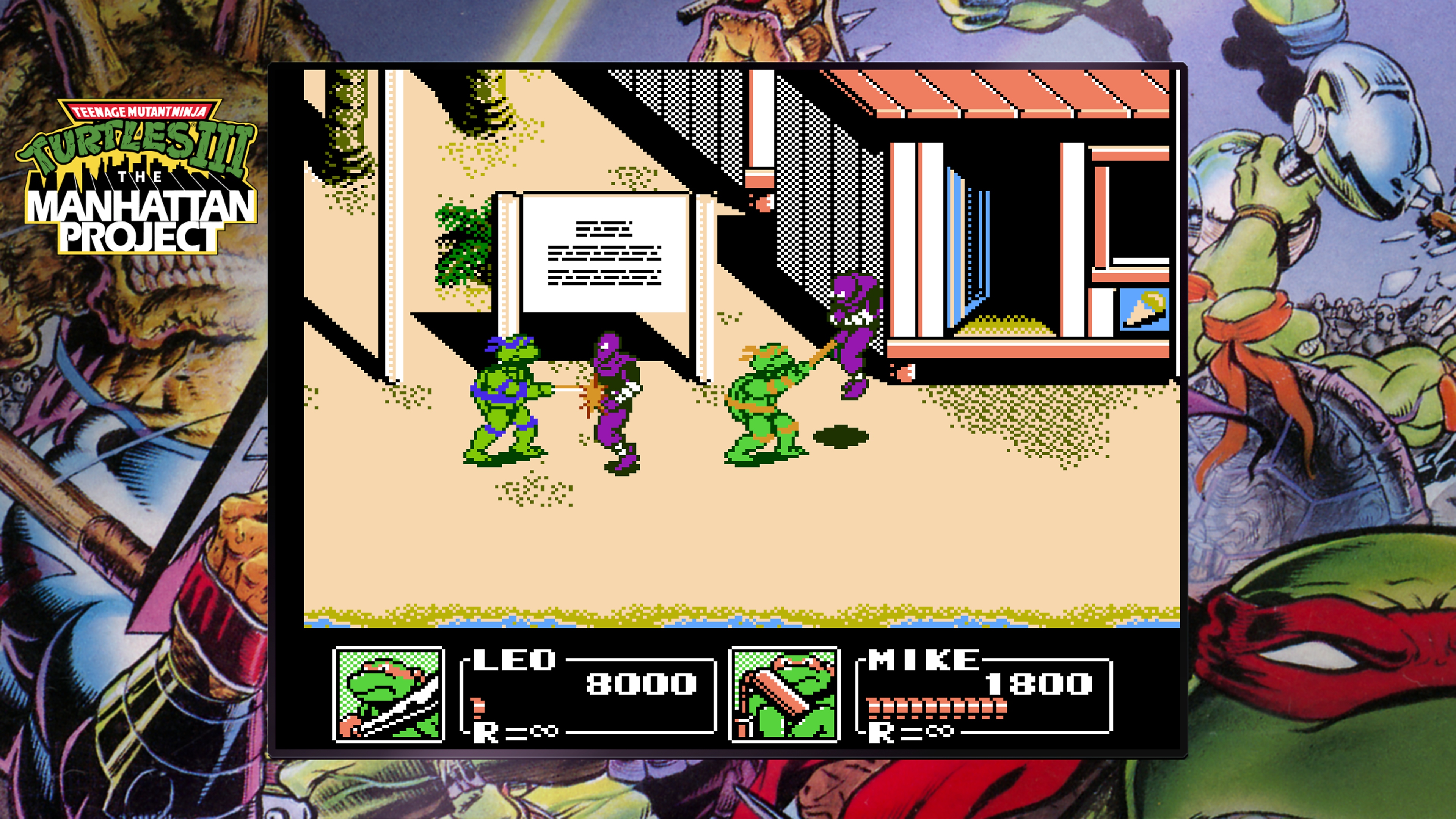 Kolekce Teenage Mutant Ninja Turtles – hra Projekt Manhattan, kde je zachycen Donatello a Michelangelo 