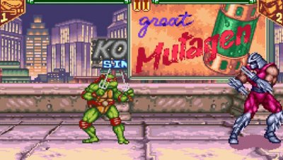 Teenage Mutant Ninja Turtles Collection - Tournament Fighters, screenshot met Raphael die met Shredder vecht