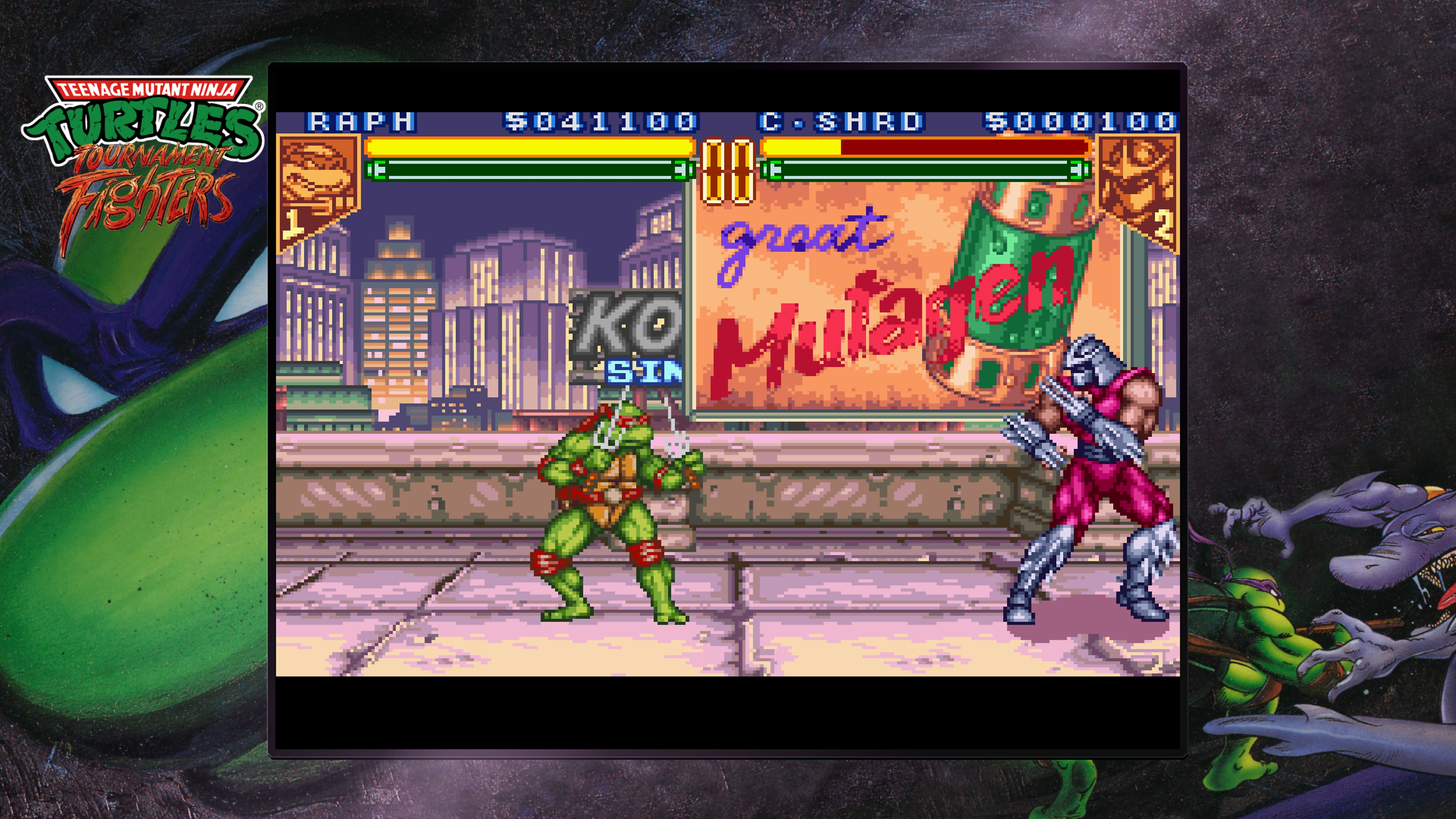 Captura de pantalla de Teenage Mutant Ninja Turtles Collection - Tournament Fighters en la que Raphael pelea contra Despedazador en un tejado
