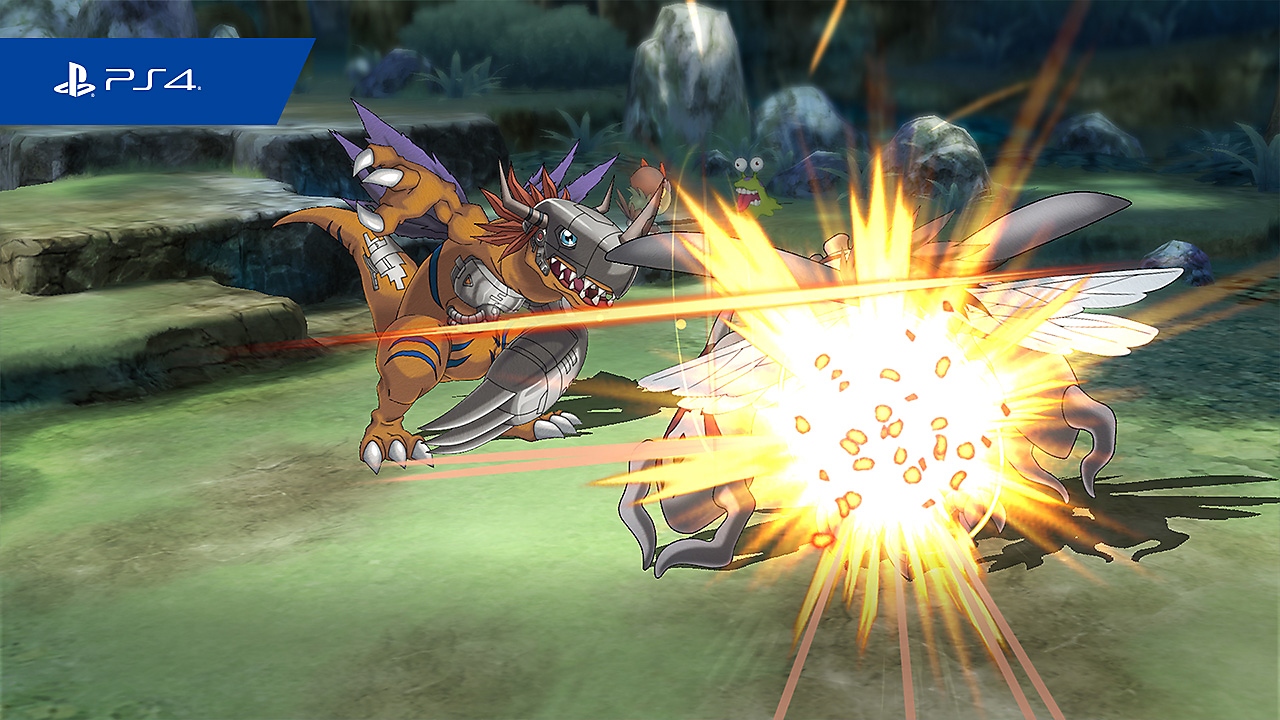 Екранна снимка на Digimon Survive, представящ Metal Greymon, вкопчен в битка с друг Digimon.