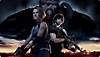 Resident Evil 3 key art showing main characters Jill and Carlos in the foreground and main antagonist Nemesis in the background. 
