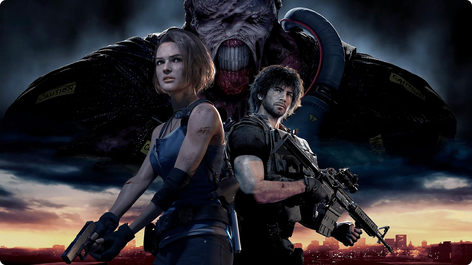 Resident Evil 3 key art showing main characters Jill and Carlos in the foreground and main antagonist Nemesis in the background. 