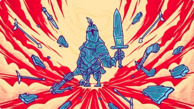 الصورة الفنية الترويجية لأفضل ألعاب الروجلايك تعرض شخصية وحيدة مُحاطة بأسلحة متطايرة.
