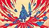Промоционално иконографско изображение на най-добрите рогелик игри, представящо самотен герой, заобиколен от летящи оръжия.