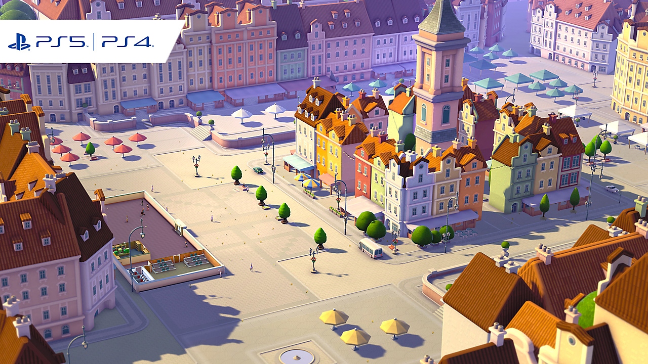 Screenshot aus dem Spiel Two Point Campus mit einer isometrischen Perspektive auf mehrere Campus-Gebäude.