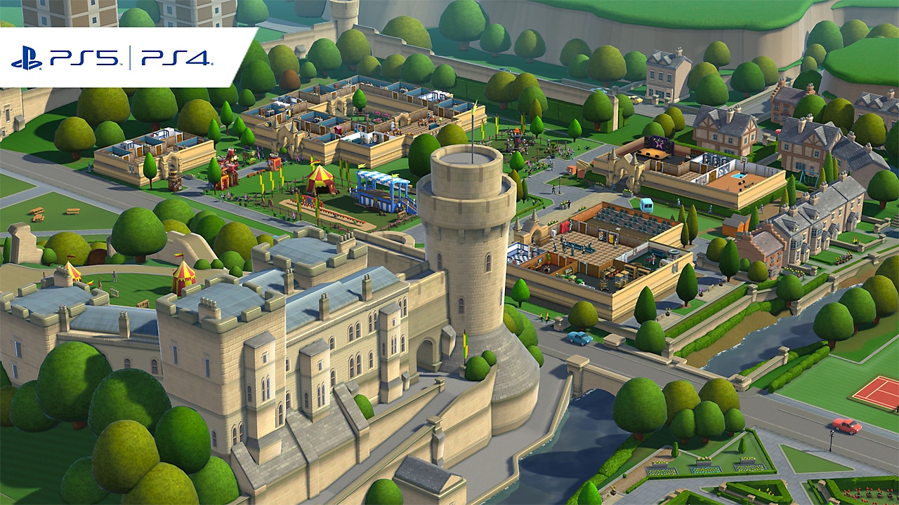 Two Point Campus gameplay screenshot featuring an isometric view of several campus buildings.