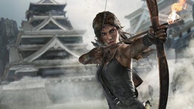 Podoba Tomb Raider Definitive Edition, kjer Lara Croft uporablja lok in puščice