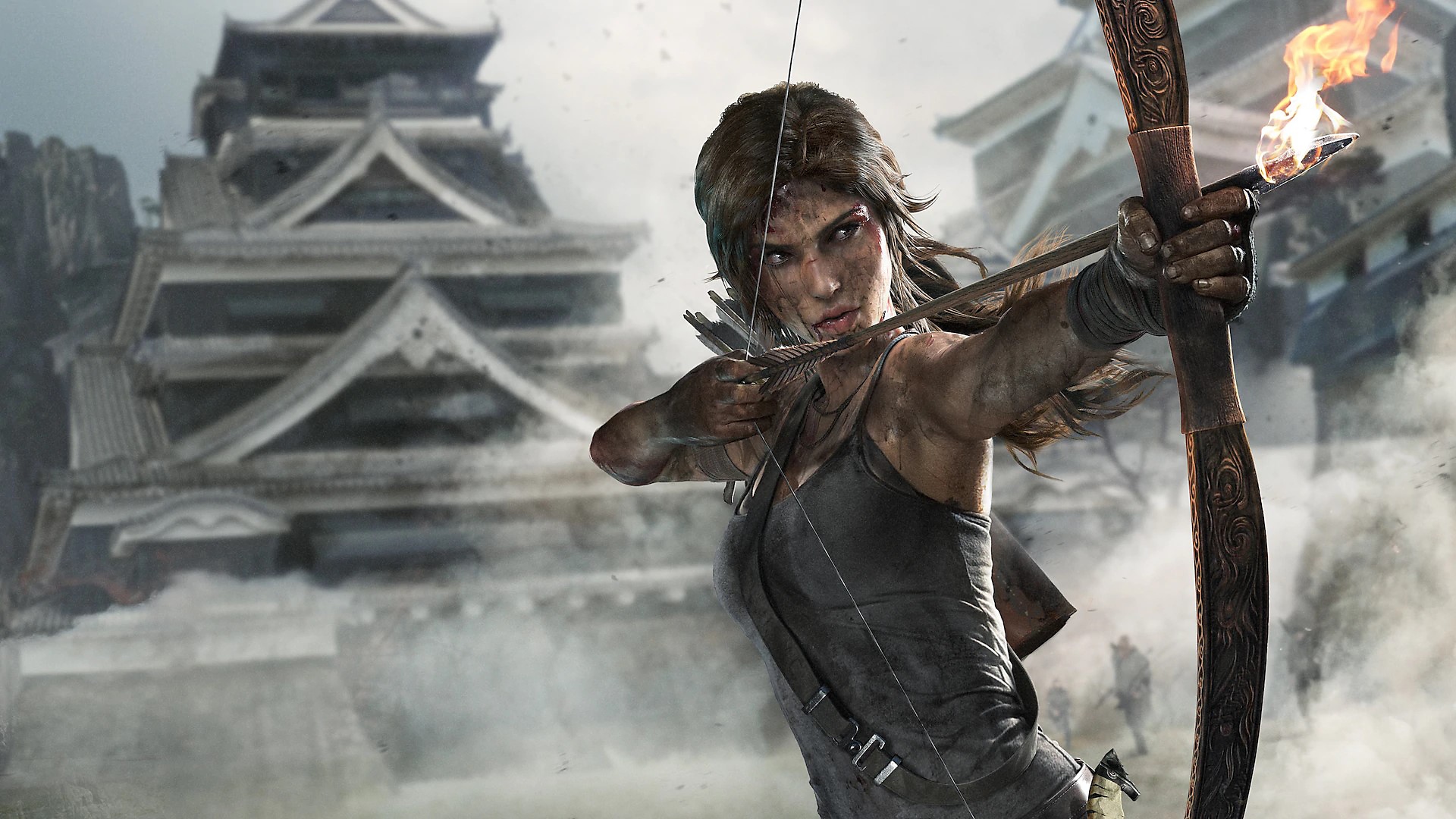 Tomb Raider Definitive Edition – illustrasjon av Lara Croft som spenner en pil og bue