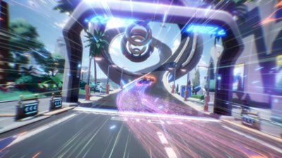 Tower of Fantasy 4.2 screenshot showing a speeding car on a futuristic highway