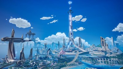 Imagem de fundo da atualização 4.0 de Tower of Fantasy mostrando uma cidade futurista