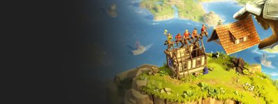 Townsmen VR key artwork showing a giant hand lifting the roof off of a house while characters sit across a rafter