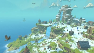 Townsmen VR screenshot showing a snowy island landscape