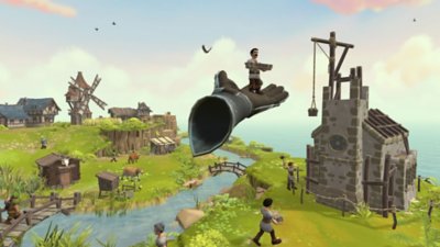 Townsmen VR - Capture d'écran montrant une main géante qui tient un villageois devant une église à moitié construite