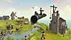 Townsmen VR - Capture d'écran montrant une main géante qui tient un villageois devant une église à moitié construite