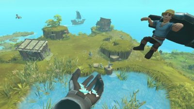 Townsmen VR - Capture d'écran montrant des mains géantes qui tiennent un villageois