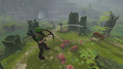 Townsmen VR screenshot showing a villager hunting with a bow and arrow