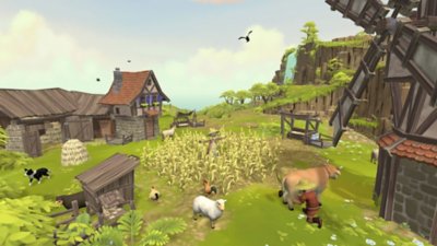 Townsmen VR screenshot showing a view of a village with cows and sheep in the foreground