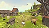 Townsmen VR – zrzut ekranu ukazujący widok na wioskę z krowami i owcą na pierwszym planie