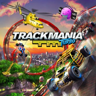 Trackmania Turbo borítógrafika – autók egy versenypályán helikopterrel a levegőben.