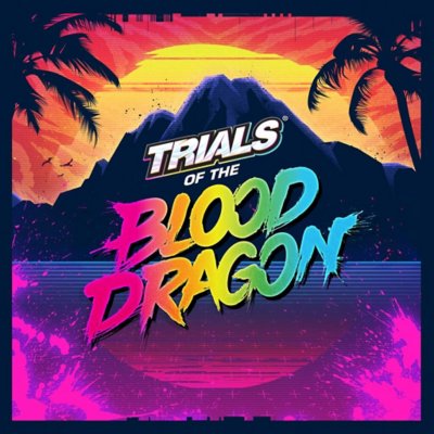 Trials of the Blood Dragon borítógrafika – hegy pálmafákkal.