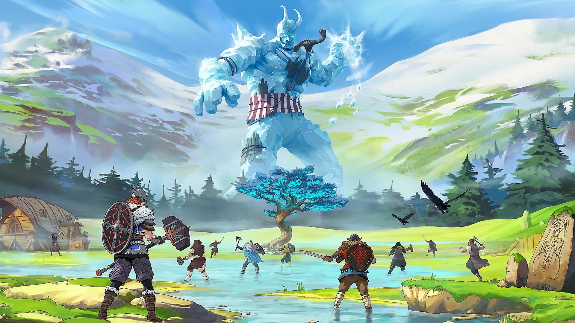 Tribes of Midgard key art of giant in the distance