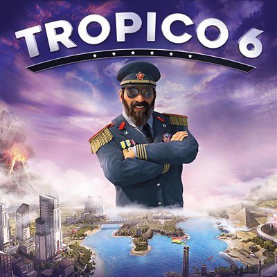 tropico 6 store art featuring character looking us with a city theme