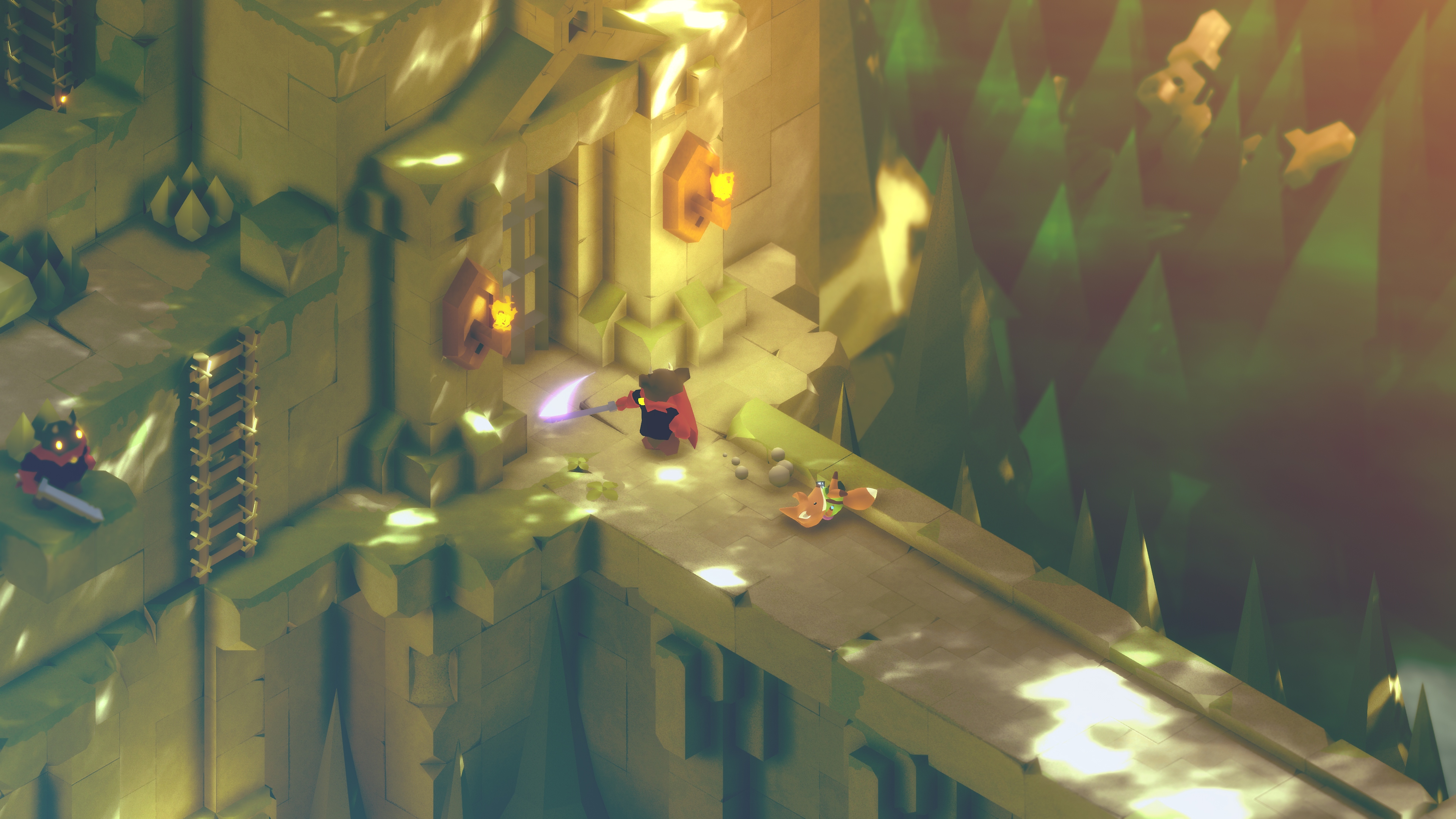 Képernyőkép a Tunic című játékból, a főhős rókával és egy ellenséggel egy hídon