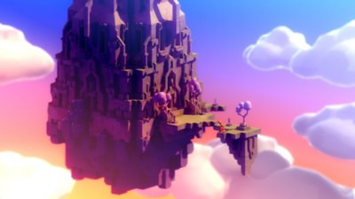 空に浮かぶ巨大な城を写したTunicのゲームプレイスクリーンショット