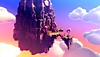 Gameplay-Screenshot aus Tunic mit einem riesigen fliegenden Schloss.