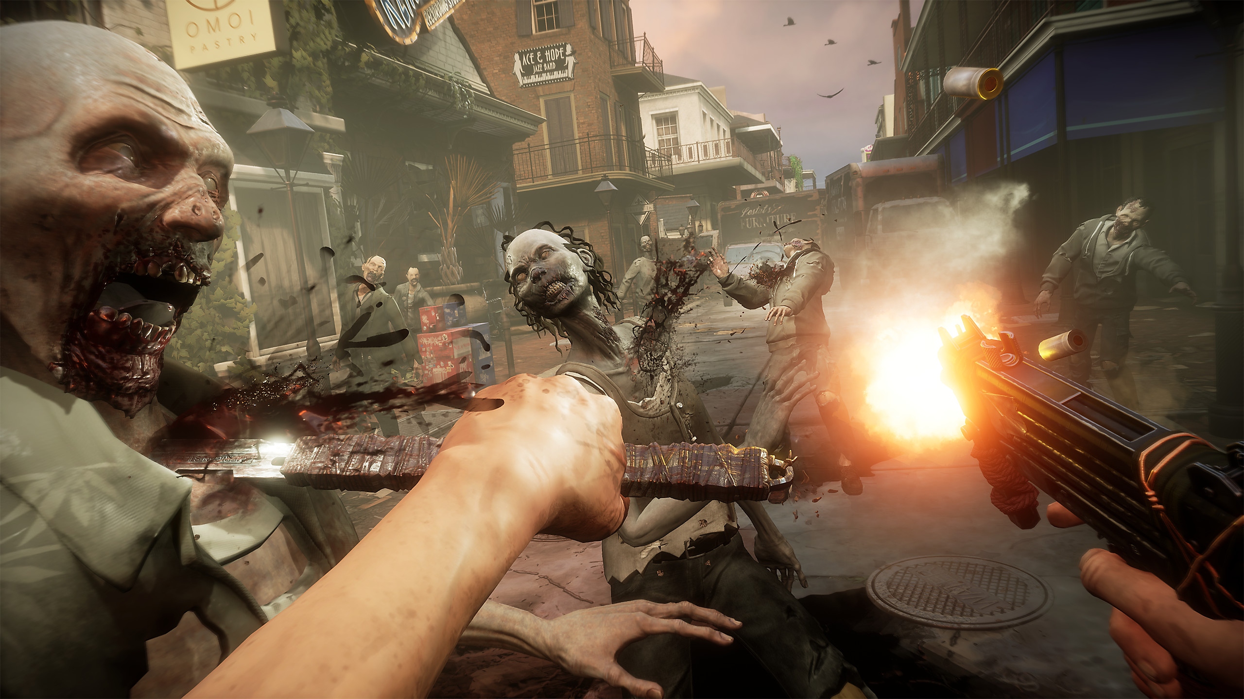 Captura de pantalla de TWDSS Capítulo 2 Retribución que muestra una vista en primera persona atacando a zombis empuñando un cuchillo y una pistola