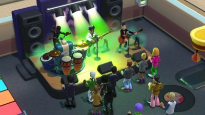 Two Point Campus στιγμιότυπο που απεικονίζει μια μπάντα να παίζει σε μια σκηνή