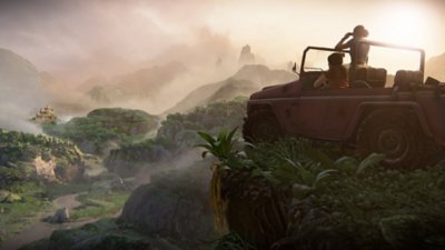 لقطة شاشة من uncharted the lost legacy تعرض "كلوي" و"نادين" في سيارة jeep ينظران إلى بقية الطريق الذي يختفي بين الصخور ويغطيه الضباب