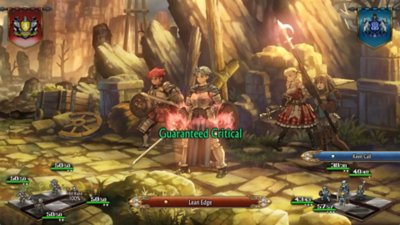 Unicorn Overlord screenshot showing a quartet of fighters receiving buffs in battle.