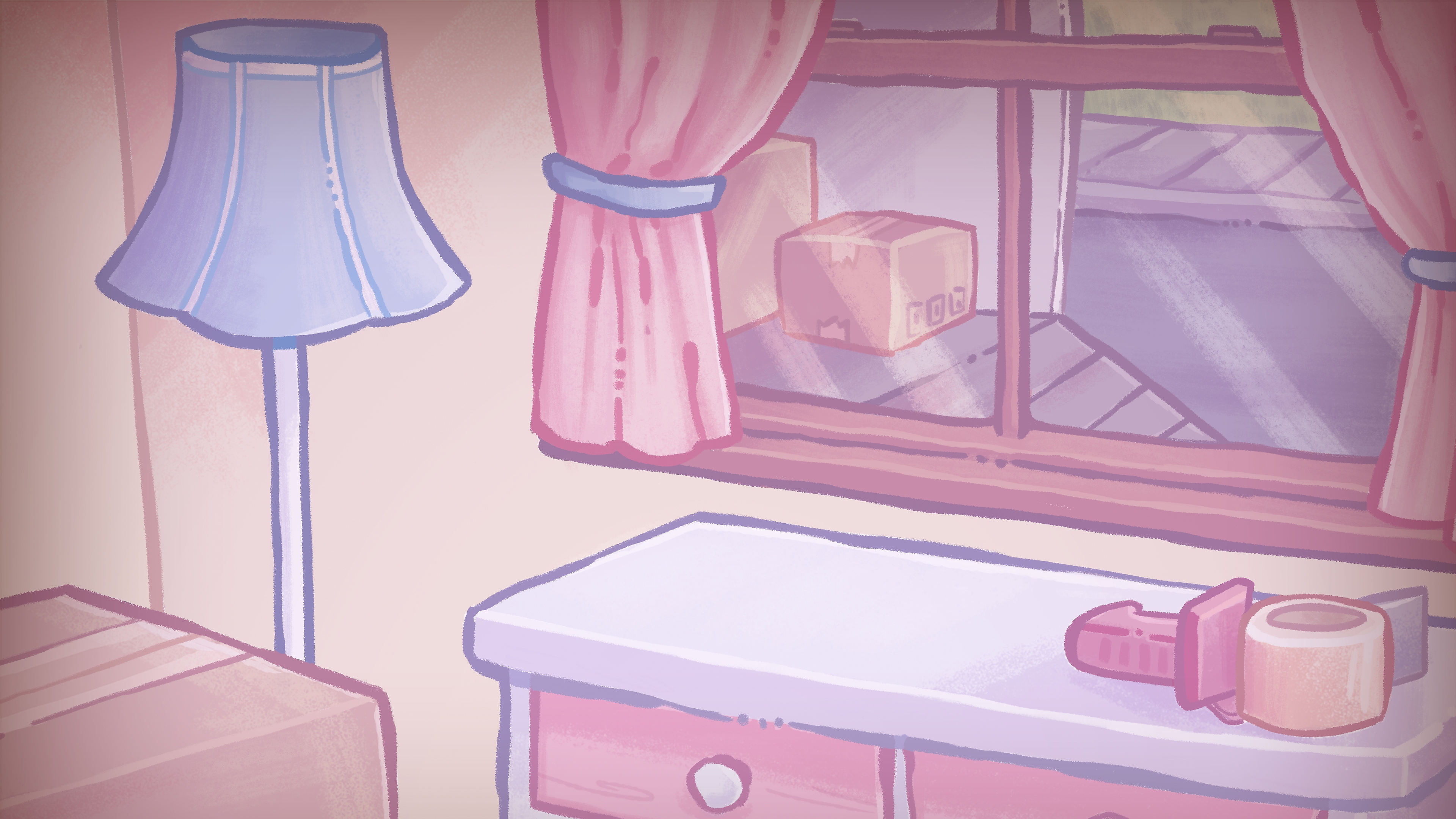 Ilustración de fondo de Unpacking mostrando una cómoda frente a una ventana