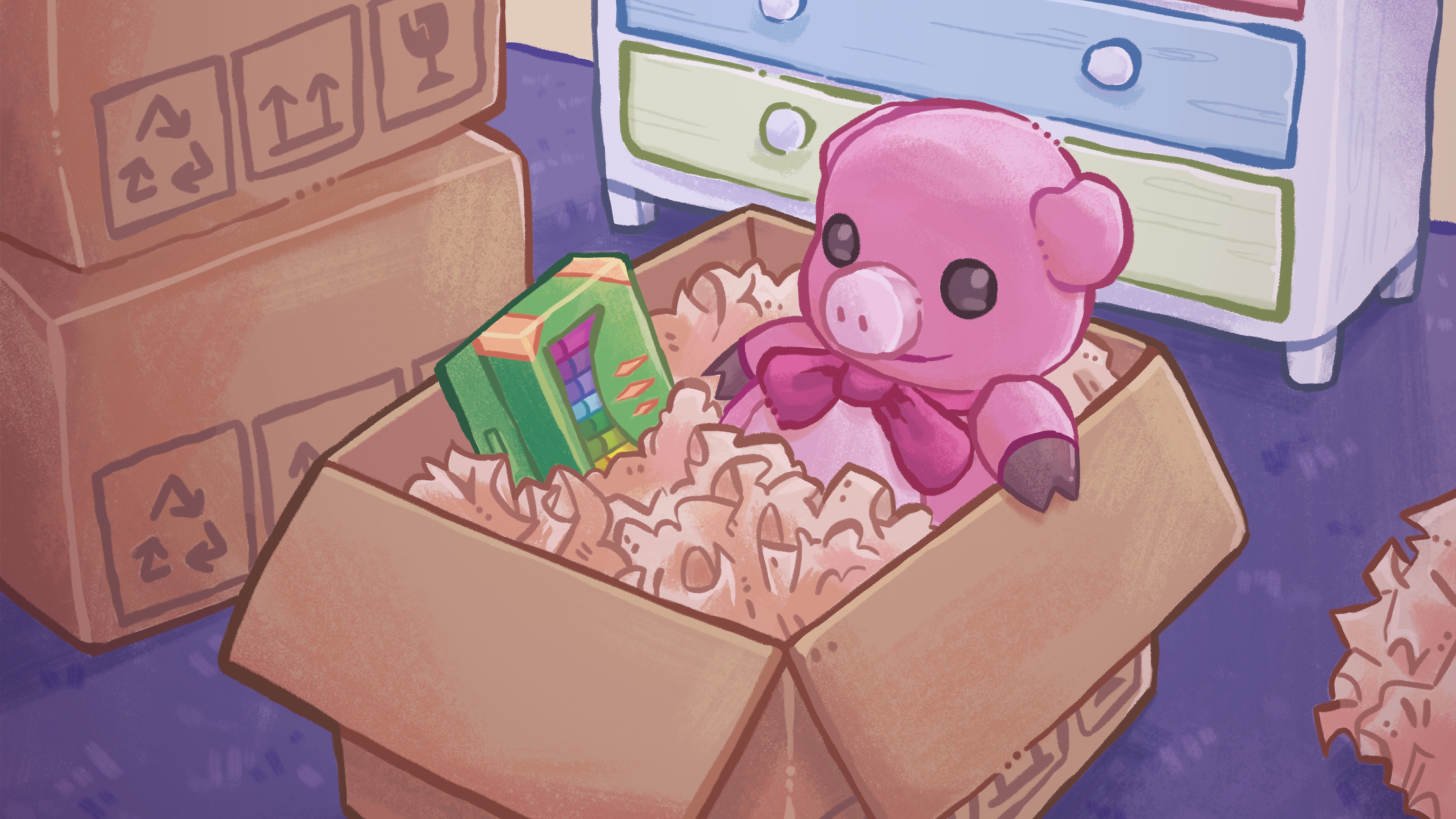 Arte guía de Unpacking, con una colorida ilustración dibujada a mano de un peluche y una caja de lápices de colores en una caja de cartón.